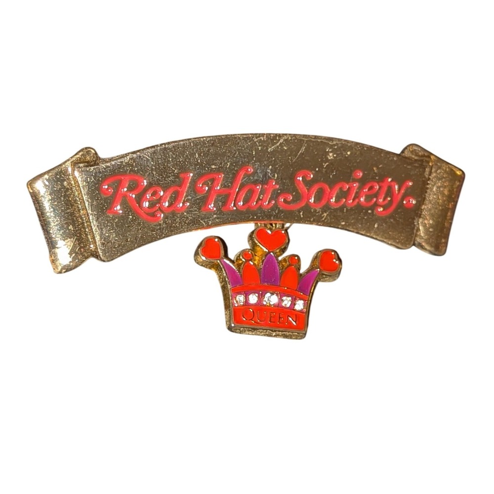 Red Hat Society Queen Crown Dangle Pin Brooch Gold Tone Enamel Rhinestone Banner